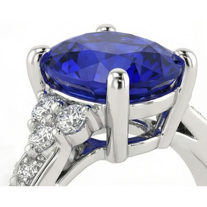 Natural Earth Mined Diamond Engagement Ring Oval Sri Lankan Sapphire 3.50 Carats