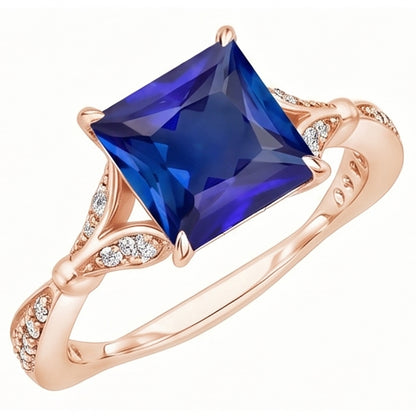 Natural Earth Mined Diamond Engagement Ring Prong Set Princess Blue Sapphire 3.75 Carats