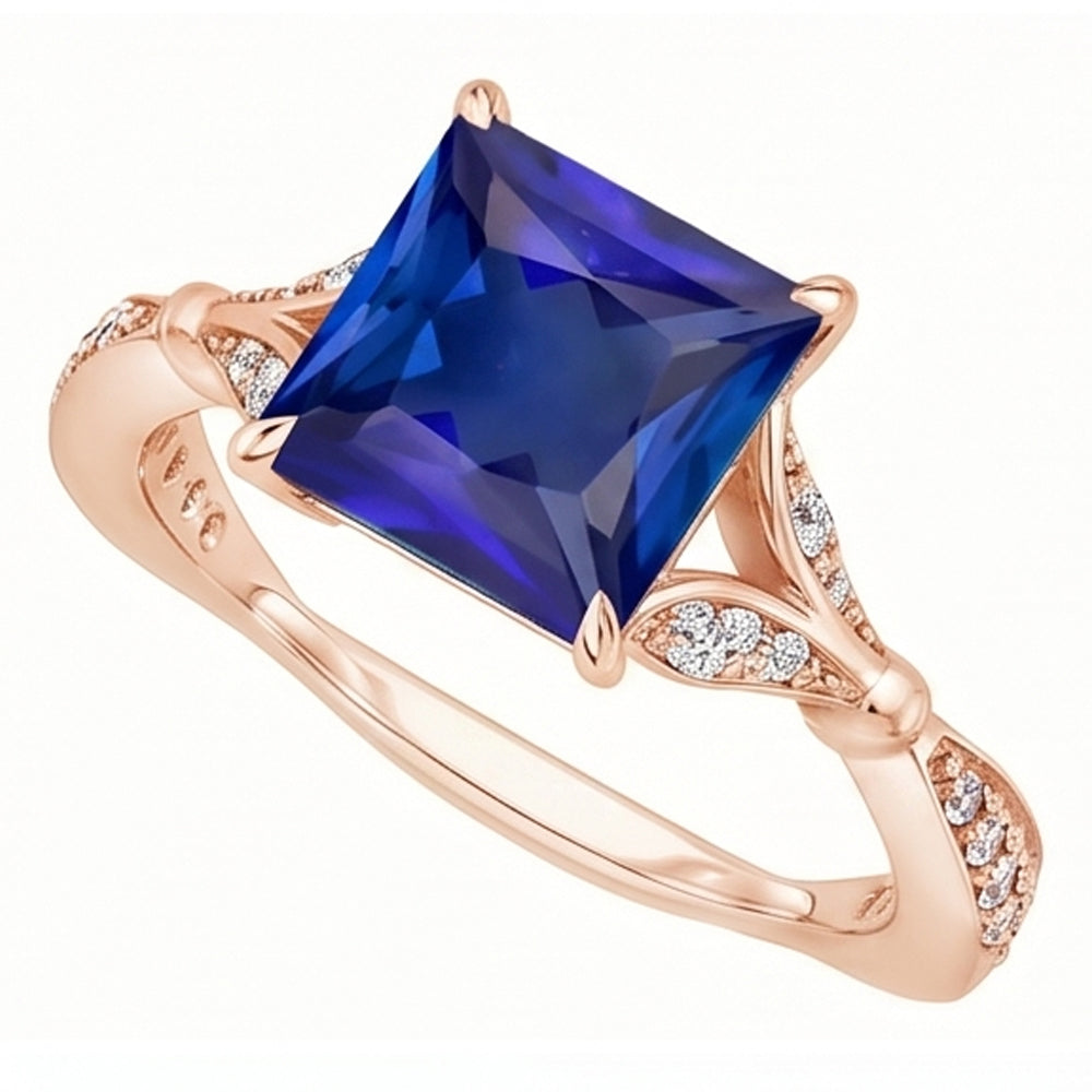 Natural Earth Mined Diamond Engagement Ring Prong Set Princess Blue Sapphire 3.75 Carats