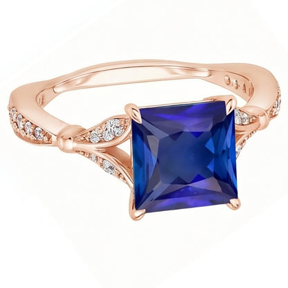 Natural Earth Mined Diamond Engagement Ring Prong Set Princess Blue Sapphire 3.75 Carats