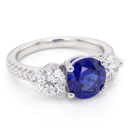 Natural Earth Mined Diamond Engagement Ring Round Ceylon Sapphire 3 Carats Jewelry