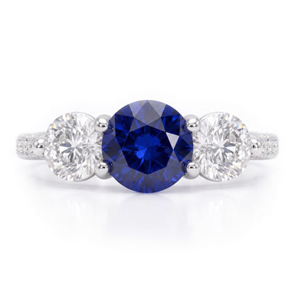 Natural Earth Mined Diamond Engagement Ring Round Ceylon Sapphire 3 Carats Jewelry
