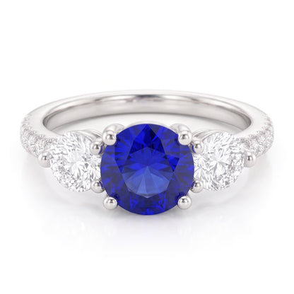 Natural Earth Mined Diamond Engagement Ring Round Ceylon Sapphire 3 Carats Jewelry
