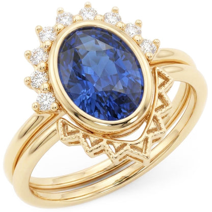 Natural Earth Mined Diamond Engagement Ring Set Bezel Set Blue Sapphire 3 Carats