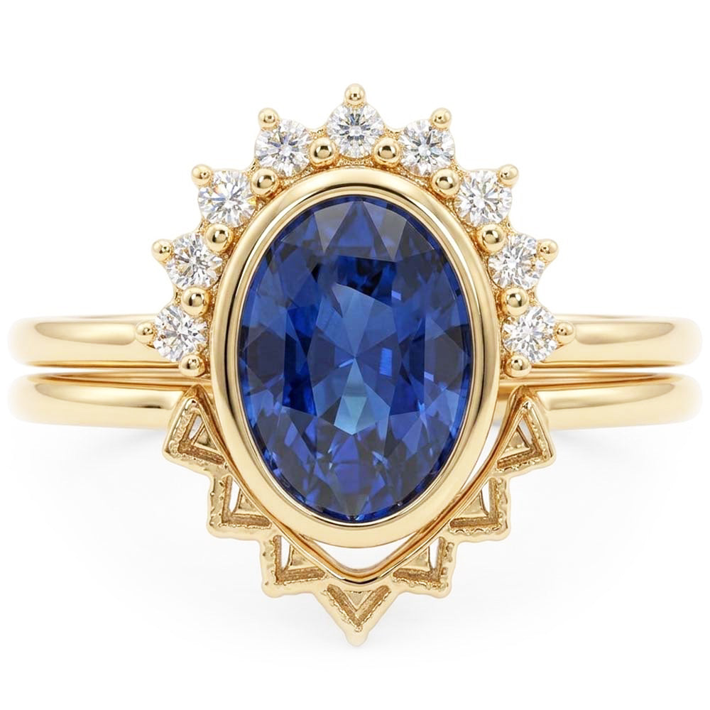 Natural Earth Mined Diamond Engagement Ring Set Bezel Set Blue Sapphire 3 Carats