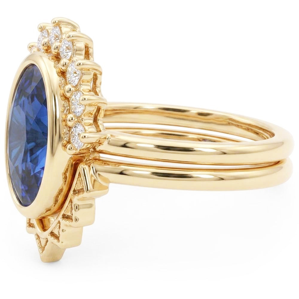 Natural Earth Mined Diamond Engagement Ring Set Bezel Set Blue Sapphire 3 Carats