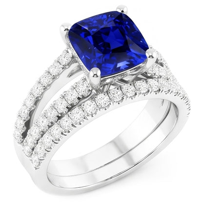 Natural Earth Mined Diamond Engagement Ring Set Cushion Sri Lankan Sapphire 3.50 Carats