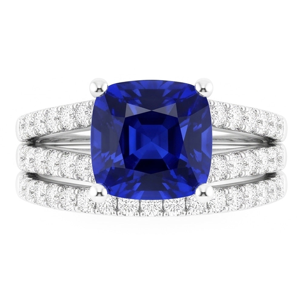 Natural Earth Mined Diamond Engagement Ring Set Cushion Sri Lankan Sapphire 3.50 Carats