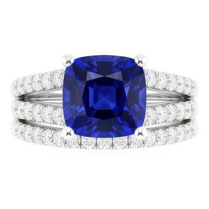 Natural Earth Mined Diamond Engagement Ring Set Cushion Sri Lankan Sapphire 3.50 Carats