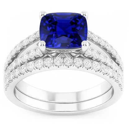 Natural Earth Mined Diamond Engagement Ring Set Cushion Sri Lankan Sapphire 3.50 Carats