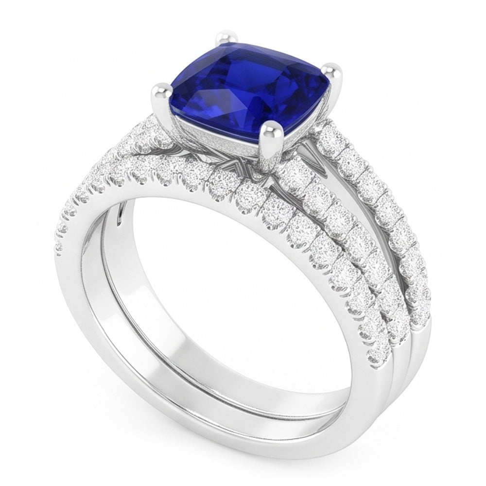 Natural Earth Mined Diamond Engagement Ring Set Cushion Sri Lankan Sapphire 3.50 Carats