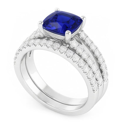 Natural Earth Mined Diamond Engagement Ring Set Cushion Sri Lankan Sapphire 3.50 Carats