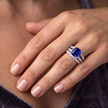 Natural Earth Mined Diamond Engagement Ring Set Cushion Sri Lankan Sapphire 3.50 Carats