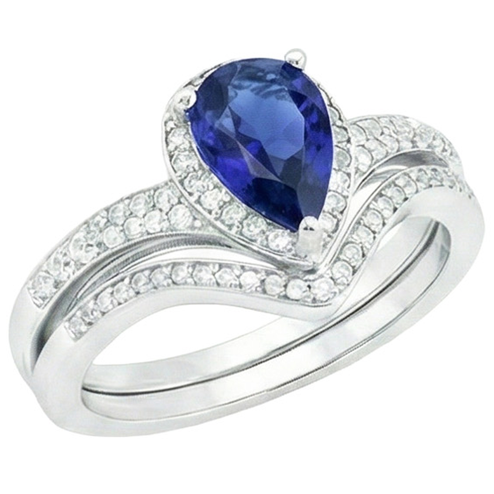 Natural Earth Mined Diamond Engagement Ring Set Pear Ceylon Sapphire 2.75 Carats