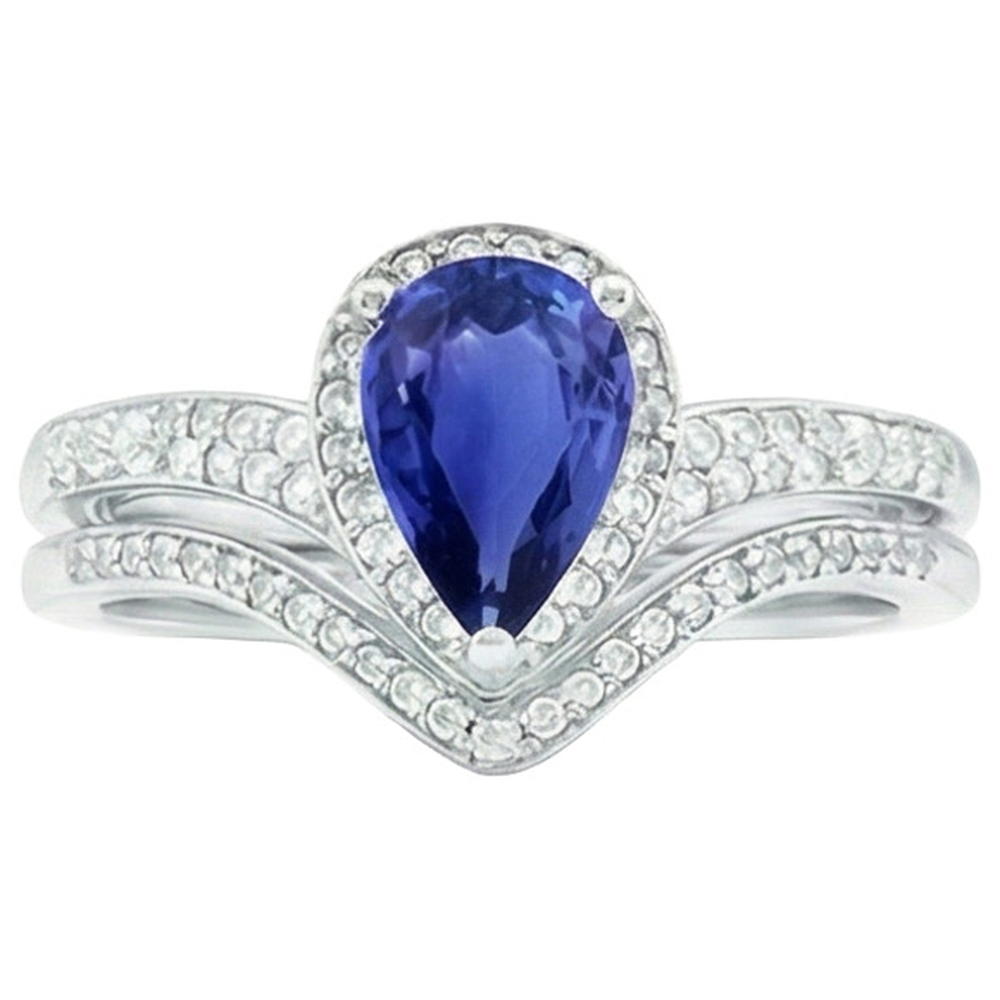 Natural Earth Mined Diamond Engagement Ring Set Pear Ceylon Sapphire 2.75 Carats