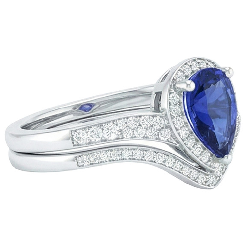 Natural Earth Mined Diamond Engagement Ring Set Pear Ceylon Sapphire 2.75 Carats