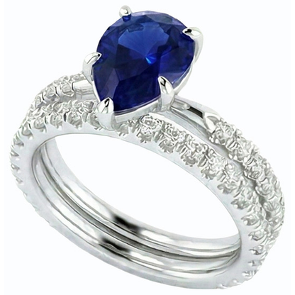 Natural Earth Mined Diamond Engagement Ring Set Pear Sri Lankan Sapphire 3.50 Carats