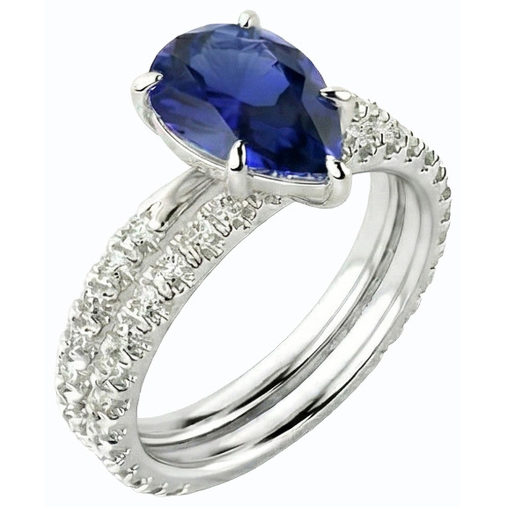 Natural Earth Mined Diamond Engagement Ring Set Pear Sri Lankan Sapphire 3.50 Carats