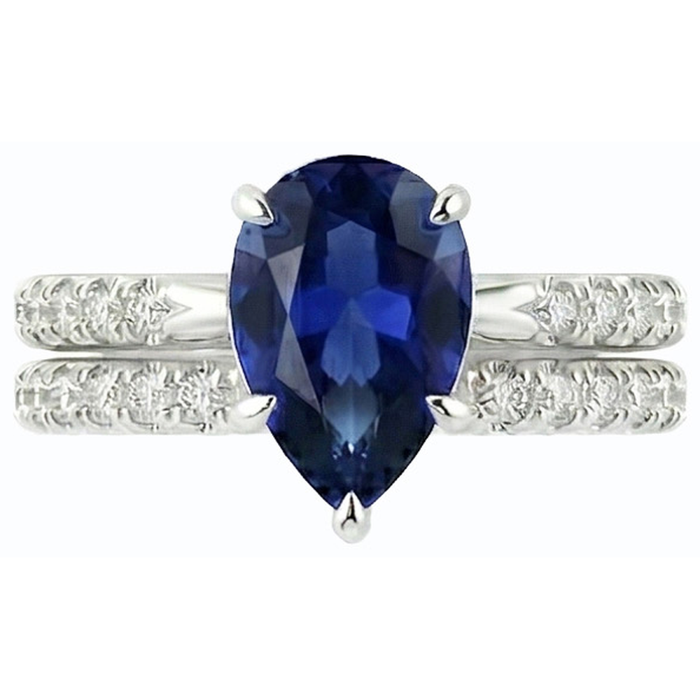 Natural Earth Mined Diamond Engagement Ring Set Pear Sri Lankan Sapphire 3.50 Carats