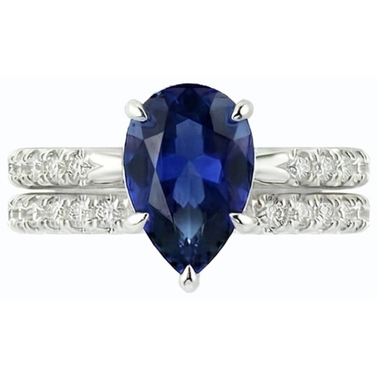 Natural Earth Mined Diamond Engagement Ring Set Pear Sri Lankan Sapphire 3.50 Carats