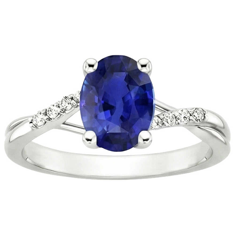 Natural Earth Mined Diamond Engagement Ring Split Shank Oval Cut Blue Sapphire 3 Carats
