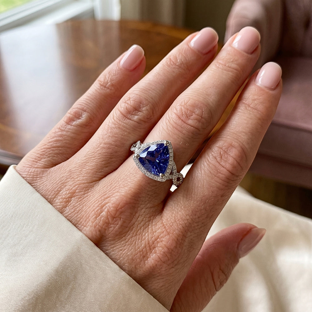 Natural Earth Mined Diamond Engagement Ring Trillion Cut Sapphire Twisted Shank 3 Carats