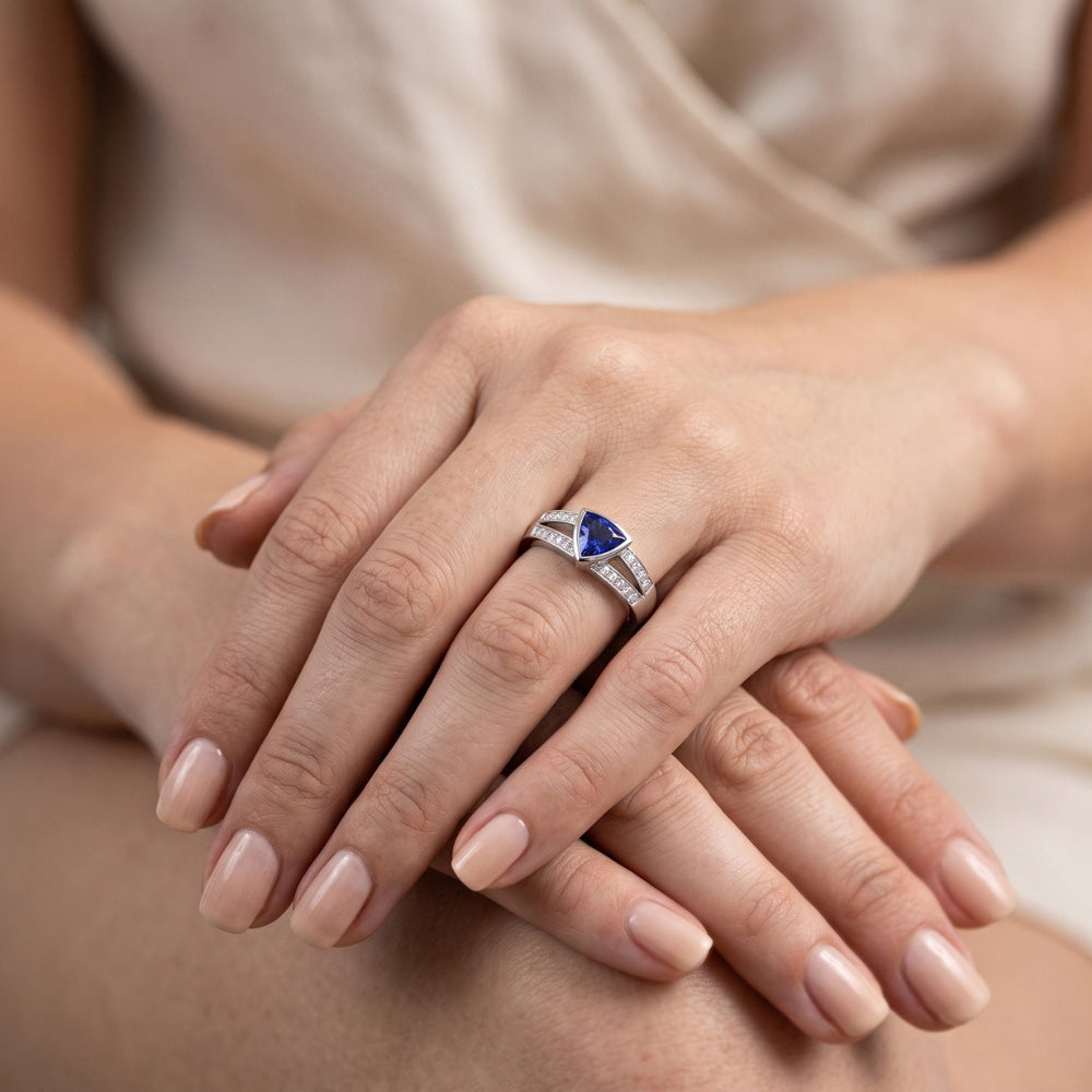 Natural Earth Mined Diamond Engagement Ring Trillion Sapphire Jewelry Split Shank 1 Carat