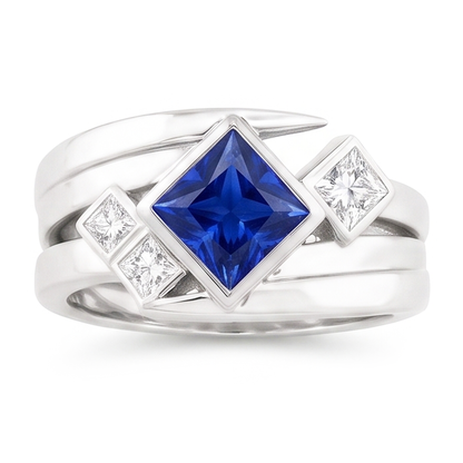 Natural Earth Mined Diamond Fancy Ring 2 Carats Bezel Princess Blue Sapphire