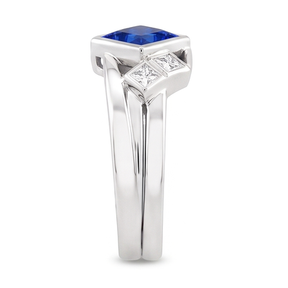 Natural Earth Mined Diamond Fancy Ring 2 Carats Bezel Princess Blue Sapphire
