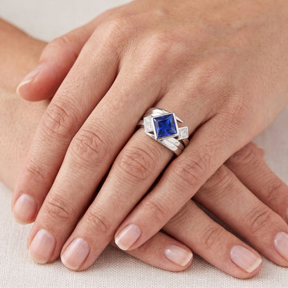 Natural Earth Mined Diamond Fancy Ring 2 Carats Bezel Princess Blue Sapphire