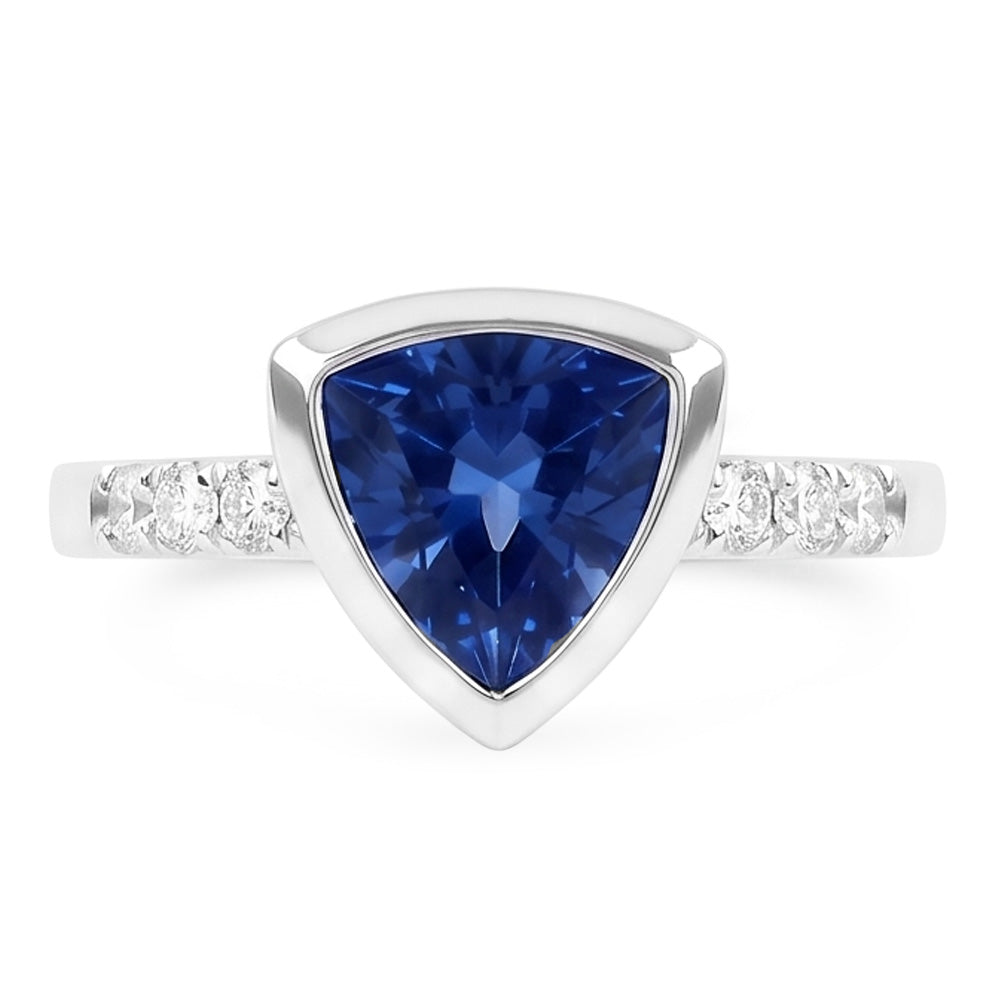 Natural Earth Mined Diamond Gemstone Jewelry 2 Carat Trillion Bezel Set Blue Sapphire Ring