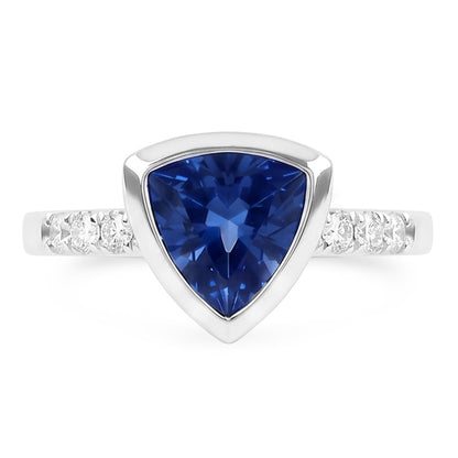 Natural Earth Mined Diamond Gemstone Jewelry 2 Carat Trillion Bezel Set Blue Sapphire Ring