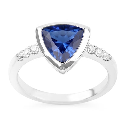 Natural Earth Mined Diamond Gemstone Jewelry 2 Carat Trillion Bezel Set Blue Sapphire Ring