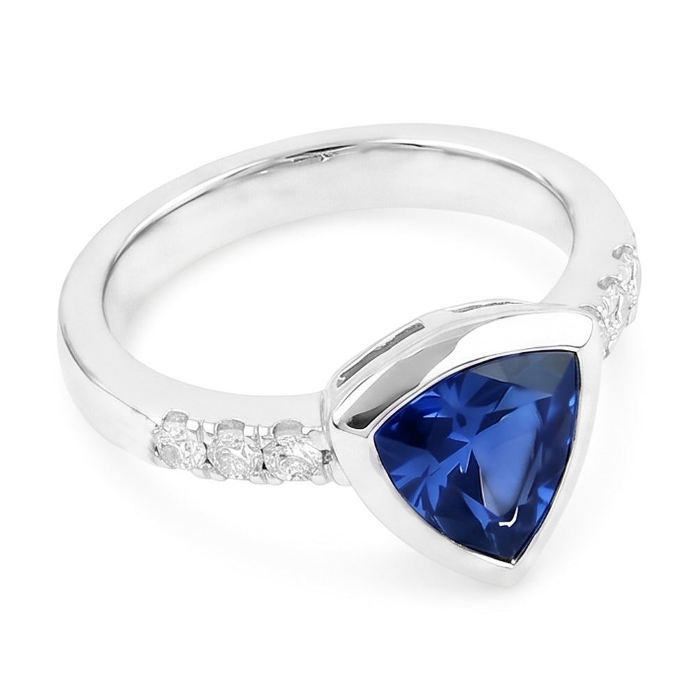 Natural Earth Mined Diamond Gemstone Jewelry 2 Carat Trillion Bezel Set Blue Sapphire Ring