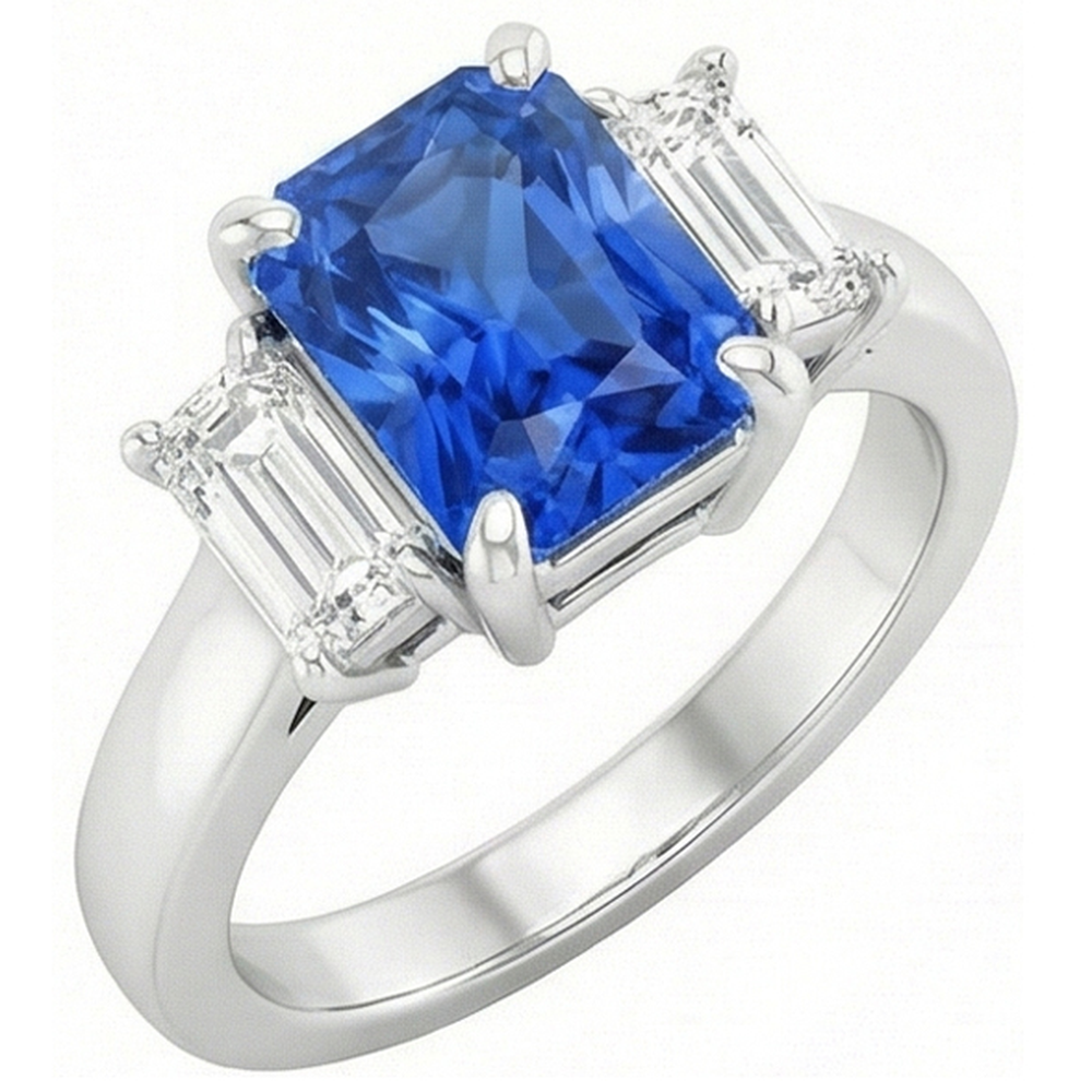 Natural Earth Mined Diamond Gemstone Jewelry 2 Carats Ceylon Sapphire Ring Prong Baguettes