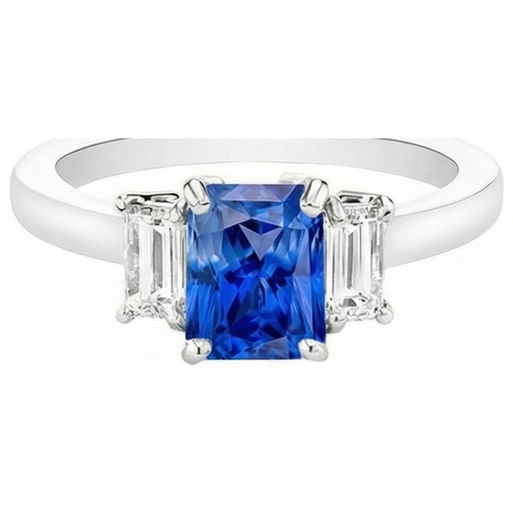 Natural Earth Mined Diamond Gemstone Jewelry 2 Carats Ceylon Sapphire Ring Prong Baguettes