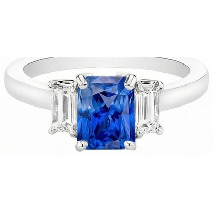 Natural Earth Mined Diamond Gemstone Jewelry 2 Carats Ceylon Sapphire Ring Prong Baguettes