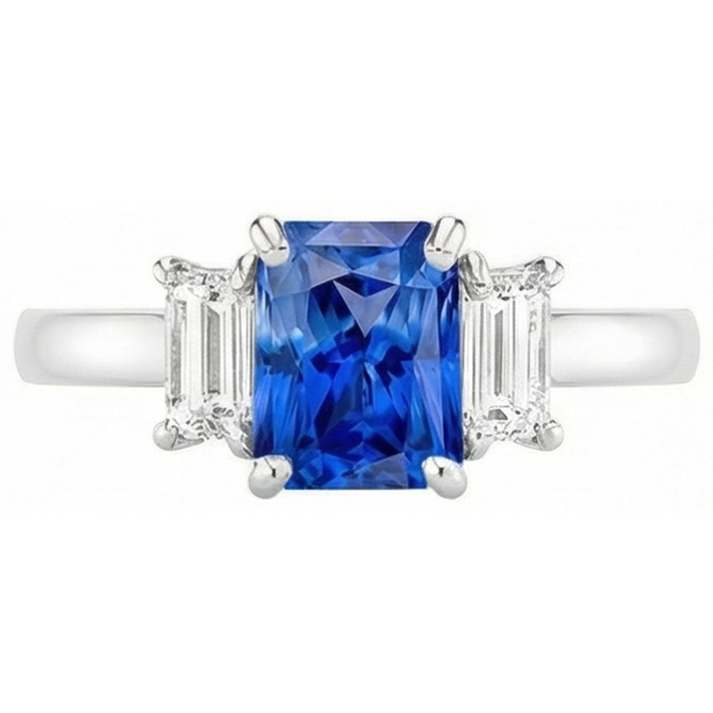 Natural Earth Mined Diamond Gemstone Jewelry 2 Carats Ceylon Sapphire Ring Prong Baguettes