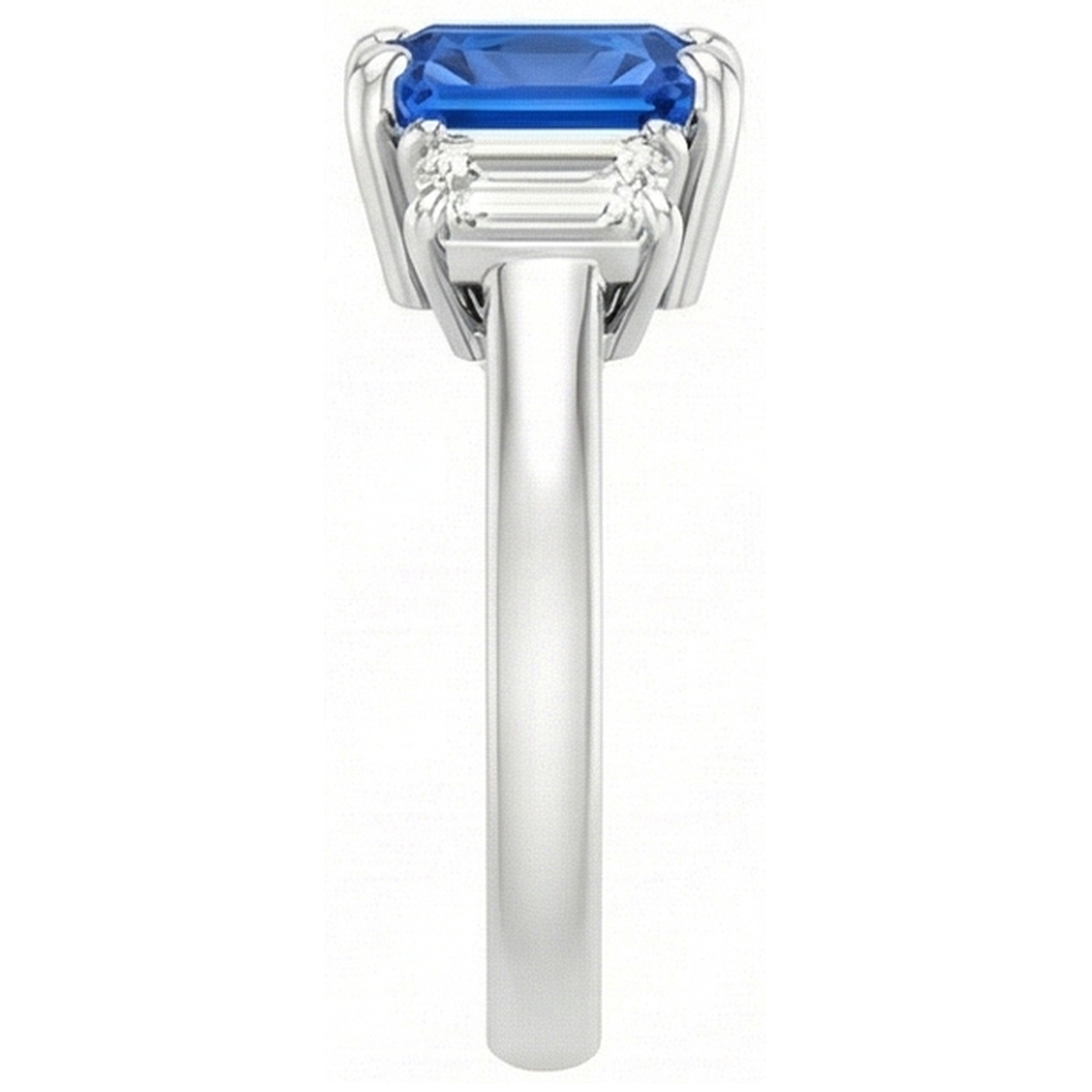 Natural Earth Mined Diamond Gemstone Jewelry 2 Carats Ceylon Sapphire Ring Prong Baguettes