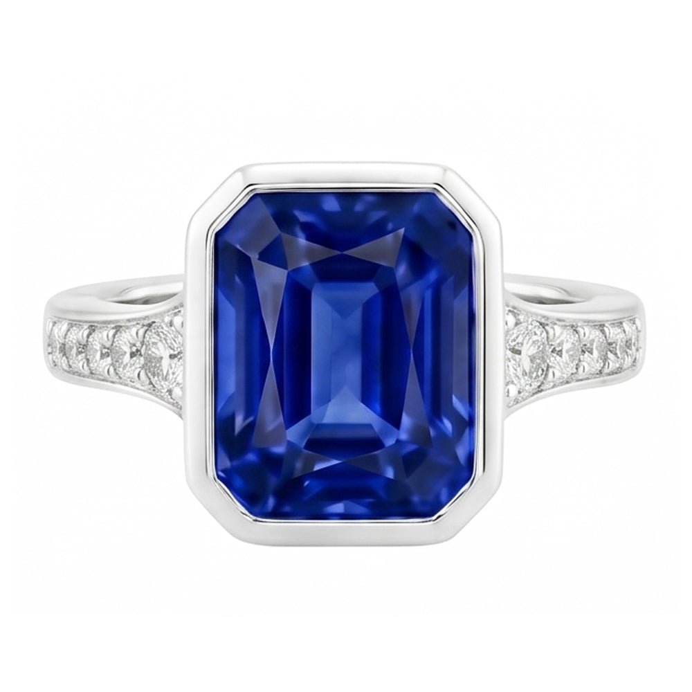 Natural Earth Mined Diamond Gemstone Jewelry Bezel Set Radiant Blue Sapphire Ring 3 Carats