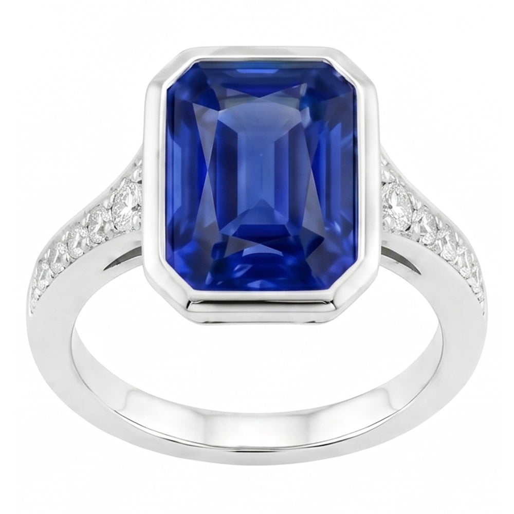 Natural Earth Mined Diamond Gemstone Jewelry Bezel Set Radiant Blue Sapphire Ring 3 Carats