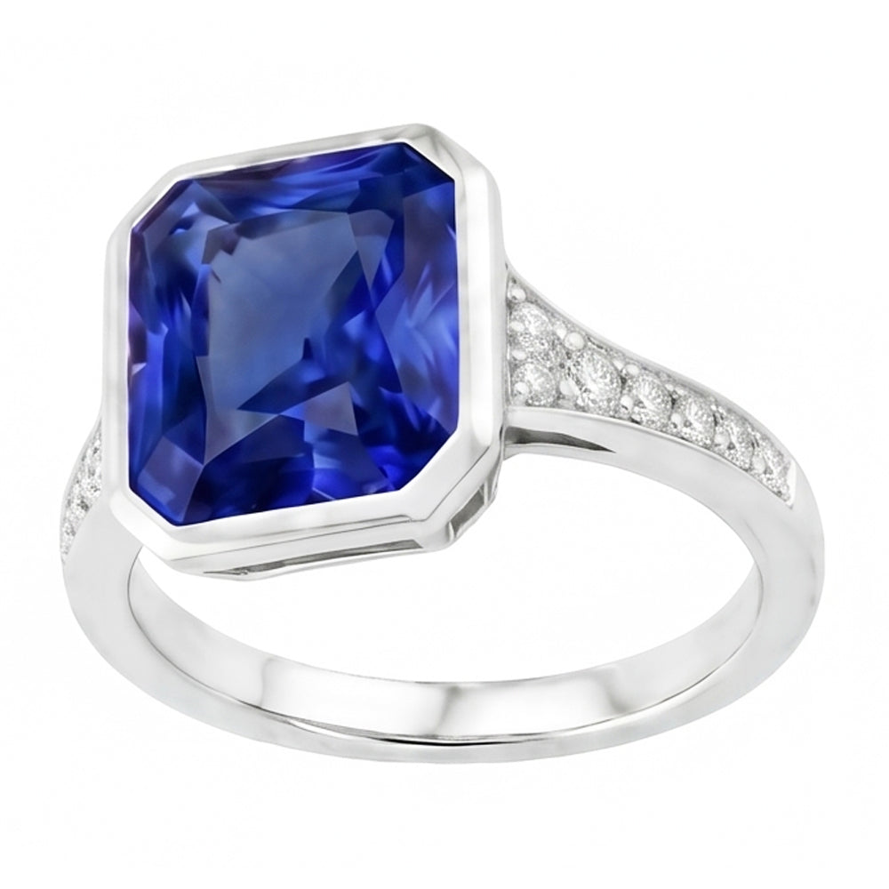 Natural Earth Mined Diamond Gemstone Jewelry Bezel Set Radiant Blue Sapphire Ring 3 Carats
