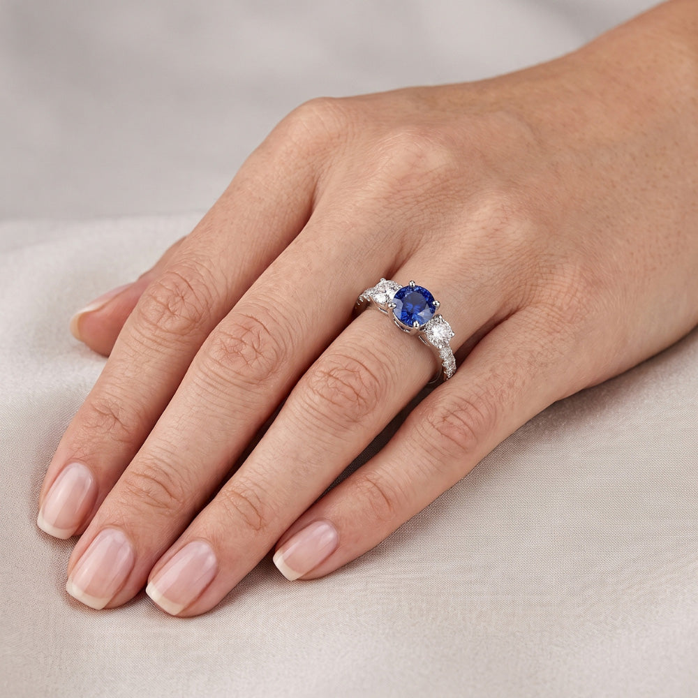 Natural Earth Mined Diamond Gemstone Ring 2.50 Carats Round Srilankan Sapphire White Gold
