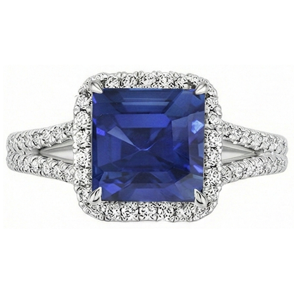 Natural Earth Mined Diamond Gemstone Ring 5 Carats Halo Blue Sapphire Gold Jewelry