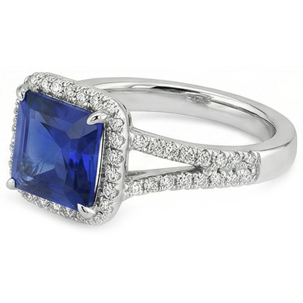 Natural Earth Mined Diamond Gemstone Ring 5 Carats Halo Blue Sapphire Gold Jewelry