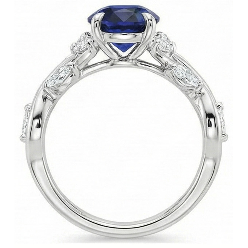 Natural Earth Mined Diamond Gemstone Ring Leaf Style Oval Cut Blue Sapphire 5 Carats