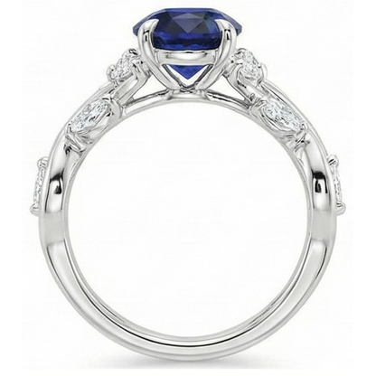Natural Earth Mined Diamond Gemstone Ring Leaf Style Oval Cut Blue Sapphire 5 Carats