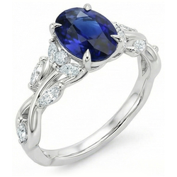 Natural Earth Mined Diamond Gemstone Ring Leaf Style Oval Cut Blue Sapphire 5 Carats