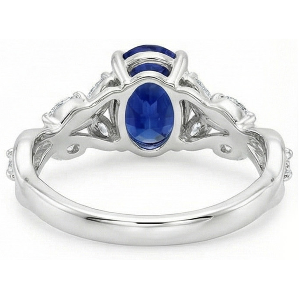 Natural Earth Mined Diamond Gemstone Ring Leaf Style Oval Cut Blue Sapphire 5 Carats