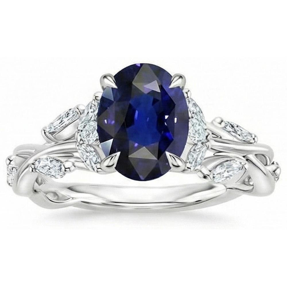 Natural Earth Mined Diamond Gemstone Ring Leaf Style Oval Cut Blue Sapphire 5 Carats